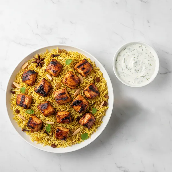 Smoked Chicken Mandi With Dill Yoghurt Sauce & Salatah